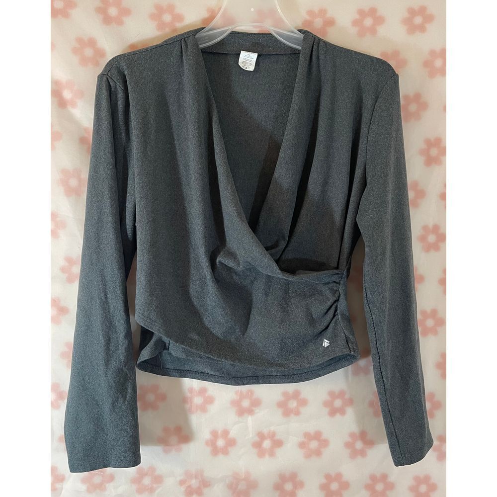 Cali Sport XL Stylish Gray Wrap Long Sleeve Cropped Blouse Chic‎ Everyday Wear